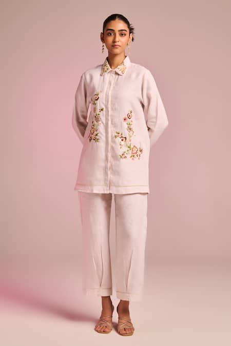 Kalista_Off White Cotton, Linen Embroidery Collared Lisa Pant Set _Online_at_Aza_Fashions