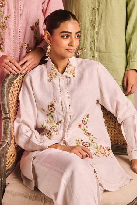 Buy_Kalista_Off White Cotton, Linen Embroidery Collared Lisa Pant Set _Online_at_Aza_Fashions