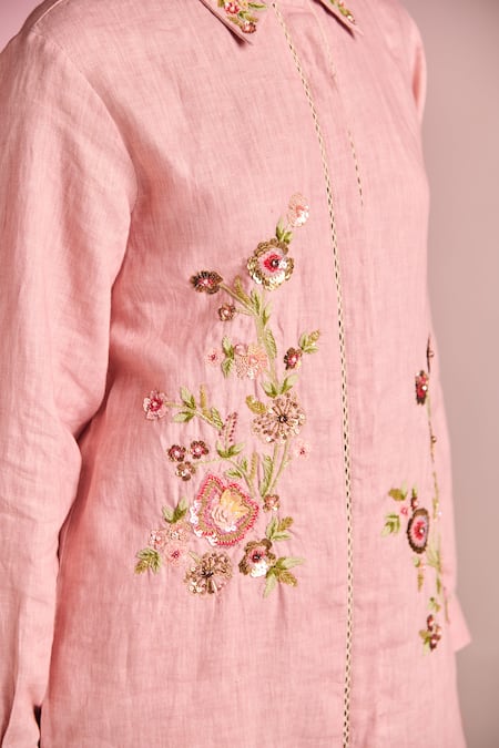 Buy_Kalista_Pink Cotton, Linen Embroidery, Sequins Collared Lisa Pant Set _Online_at_Aza_Fashions