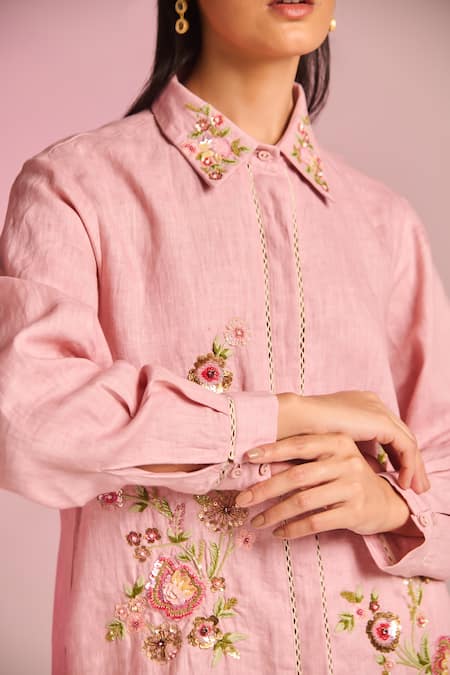 Shop_Kalista_Pink Cotton, Linen Embroidery, Sequins Collared Lisa Pant Set _Online_at_Aza_Fashions