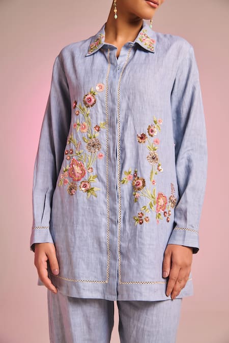 Buy Kalista Blue Cotton, Linen Embroidery Collared Lisa Shirt And Pant Set Online at Aza Fashions Buy_Kalista_Blue Cotton, Linen Embroidery Collared Lisa Shirt And Pant Set _Online_at_Aza_Fashions