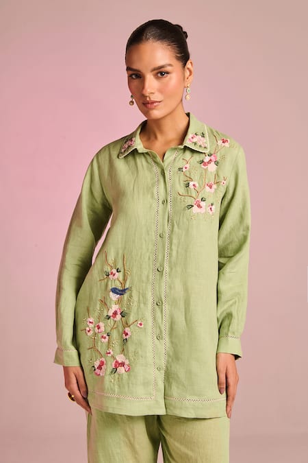 Kalista_Green Cotton, Linen Embroidery Collared Olivia Pant Set _Online_at_Aza_Fashions