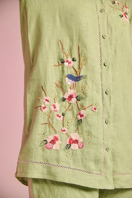 Buy_Kalista_Green Cotton, Linen Embroidery Collared Olivia Pant Set _Online_at_Aza_Fashions