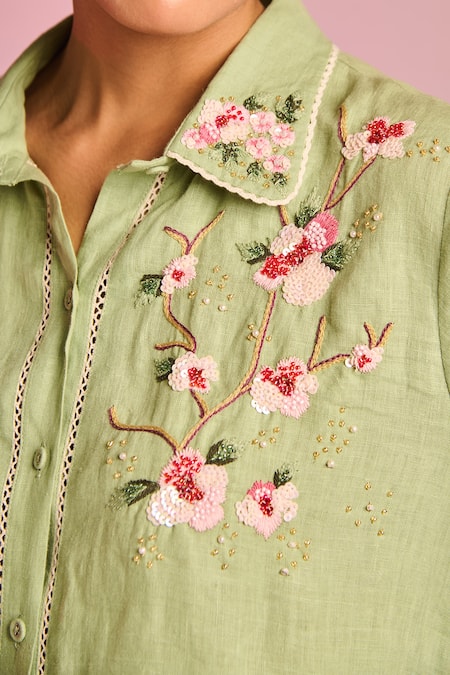 Shop_Kalista_Green Cotton, Linen Embroidery Collared Olivia Pant Set _Online_at_Aza_Fashions