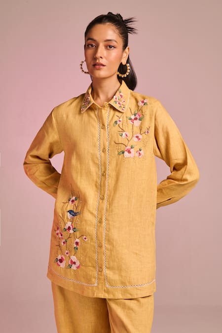 Kalista Yellow Cotton, Linen Embroidery Collared Olivia Pant Set Online at Aza Fashions Kalista_Yellow Cotton, Linen Embroidery Collared Olivia Pant Set _Online_at_Aza_Fashions