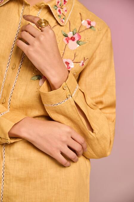 Buy Kalista Yellow Cotton, Linen Embroidery Collared Olivia Pant Set Online at Aza Fashions Buy_Kalista_Yellow Cotton, Linen Embroidery Collared Olivia Pant Set _Online_at_Aza_Fashions