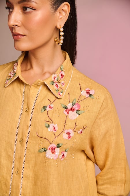 Shop Kalista Yellow Cotton, Linen Embroidery Collared Olivia Pant Set Online at Aza Fashions Shop_Kalista_Yellow Cotton, Linen Embroidery Collared Olivia Pant Set _Online_at_Aza_Fashions
