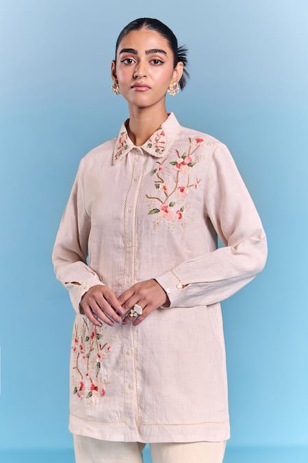 Buy Kalista Off White Cotton, Linen Embroidery Collared Olivia Shirt And Pant Set Online at Aza Fashions Buy_Kalista_Off White Cotton, Linen Embroidery Collared Olivia Shirt And Pant Set _Online_at_Aza_Fashions