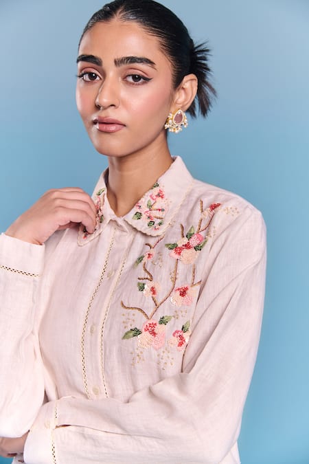 Shop Kalista Off White Cotton, Linen Embroidery Collared Olivia Shirt And Pant Set Online at Aza Fashions Shop_Kalista_Off White Cotton, Linen Embroidery Collared Olivia Shirt And Pant Set _Online_at_Aza_Fashions