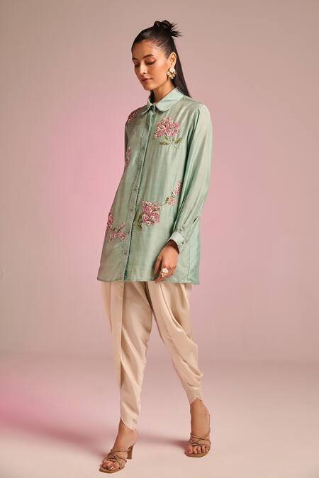 Kalista_Green Silk Embroidery Collared Jane Shirt _Online_at_Aza_Fashions