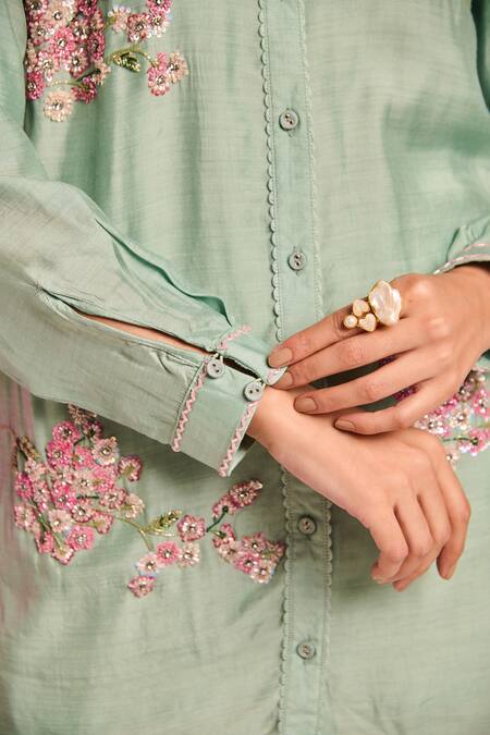 Shop_Kalista_Green Silk Embroidery Collared Jane Shirt _Online_at_Aza_Fashions