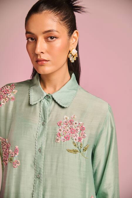 Kalista_Green Silk Embroidery Collared Jane Shirt _at_Aza_Fashions
