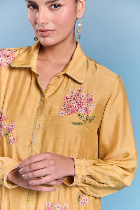 Buy_Kalista_Yellow Silk Embroidery Collared Jane Shirt _Online_at_Aza_Fashions