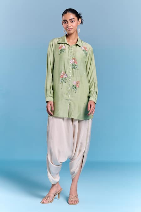 Kalista_Green Silk Embroidery Collared Era Shirt _Online_at_Aza_Fashions