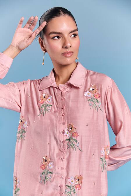 Kalista_Pink Silk Embroidery, Sequins Collared Era Shirt _Online_at_Aza_Fashions