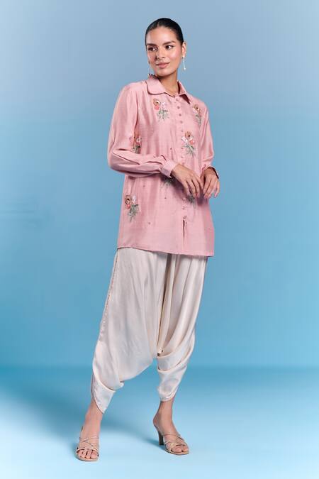 Buy_Kalista_Pink Silk Embroidery, Sequins Collared Era Shirt _Online_at_Aza_Fashions