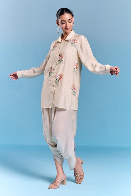 Buy Kalista Cream Silk Embroidery Collared Era Shirt Online at Aza Fashions Buy_Kalista_Cream Silk Embroidery Collared Era Shirt _Online_at_Aza_Fashions