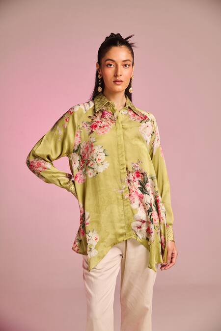 Kalista_Green Satin Embroidery Collared Kylie Shirt _at_Aza_Fashions