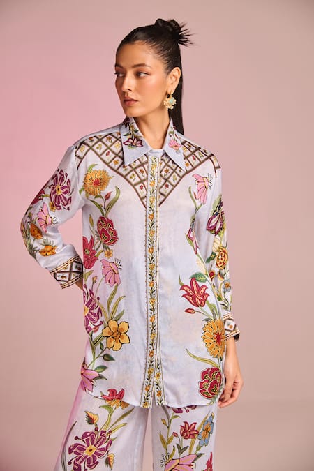 Kalista Blue Satin Embroidery Collared Flora Shirt