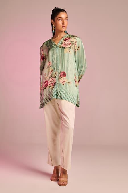 Kalista_Blue Satin Embroidery Collared Bella Tunic _Online_at_Aza_Fashions