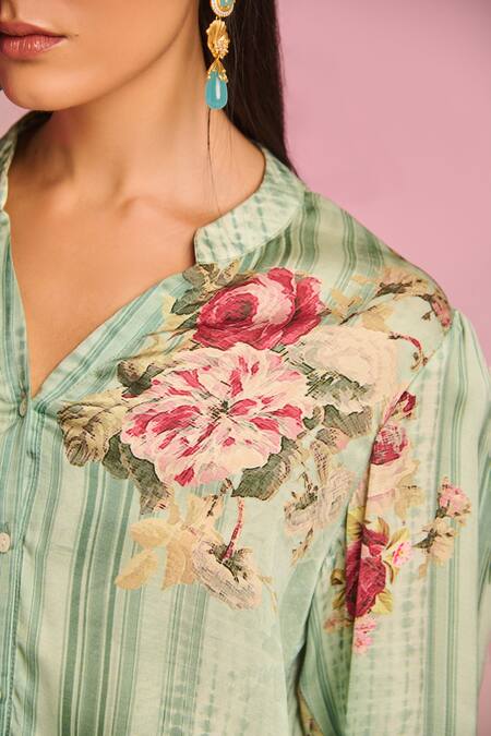 Shop_Kalista_Blue Satin Embroidery Collared Bella Tunic _Online_at_Aza_Fashions