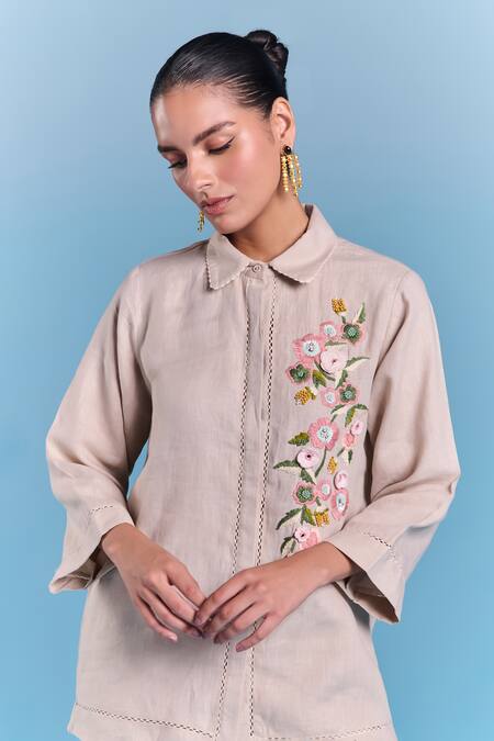 Kalista_Beige Cotton, Linen Embroidery Collared Esha Shirt _Online_at_Aza_Fashions