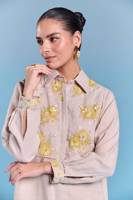 Buy_Kalista_Beige Cotton, Linen Embroidery Collared Elaina Shirt _Online_at_Aza_Fashions