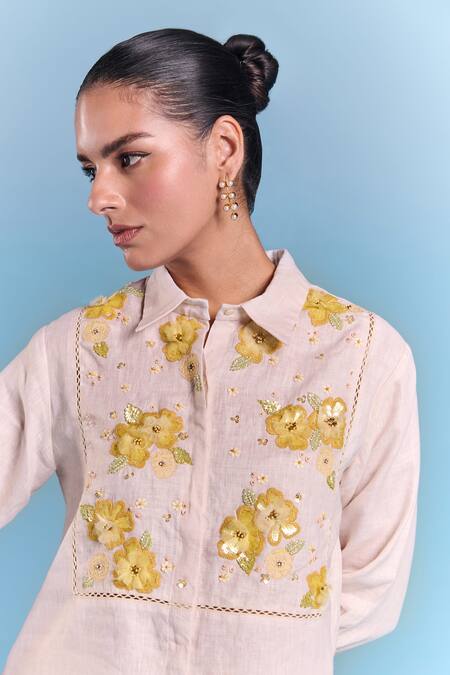 Buy_Kalista_Off White Cotton, Linen Embroidery Collared Elaina Shirt _Online_at_Aza_Fashions