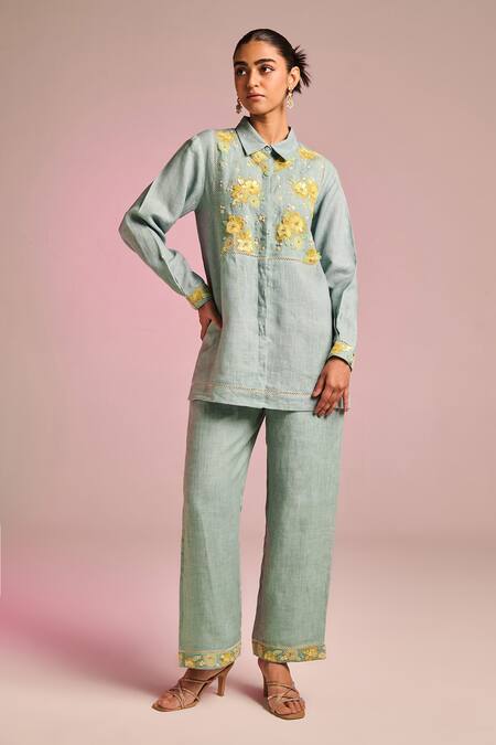Kalista_Blue Cotton, Linen Embroidery Collared Elaina Shirt _Online_at_Aza_Fashions