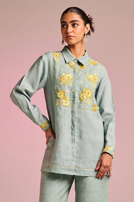 Kalista Blue Cotton, Linen Embroidery Collared Elaina Shirt