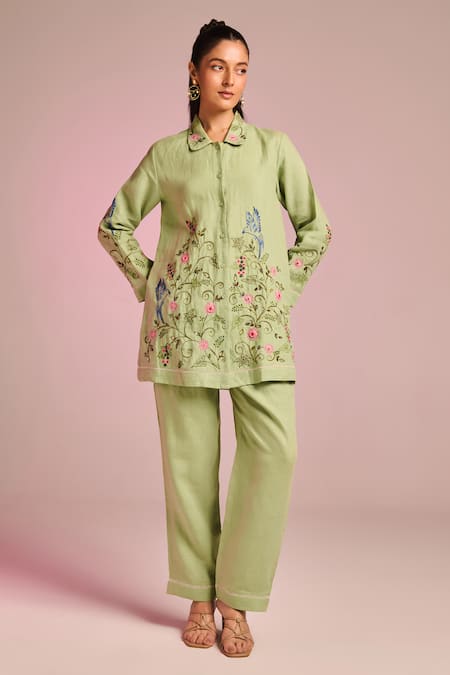 Kalista_Green Cotton, Linen Embroidery Collared Lyra Shirt _Online_at_Aza_Fashions