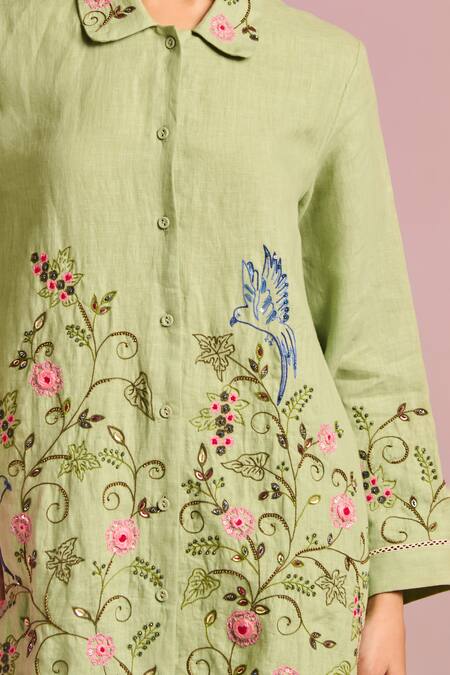 Buy_Kalista_Green Cotton, Linen Embroidery Collared Lyra Shirt 