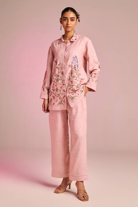 Kalista_Pink Cotton, Linen Embroidery Collared Lyra Shirt _Online_at_Aza_Fashions