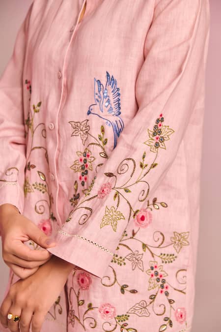 Buy_Kalista_Pink Cotton, Linen Embroidery Collared Lyra Shirt _Online_at_Aza_Fashions
