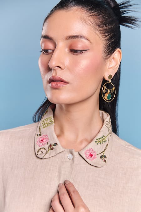 Buy_Kalista_Gray Cotton, Linen Embroidery Collared Lyra Shirt _Online_at_Aza_Fashions