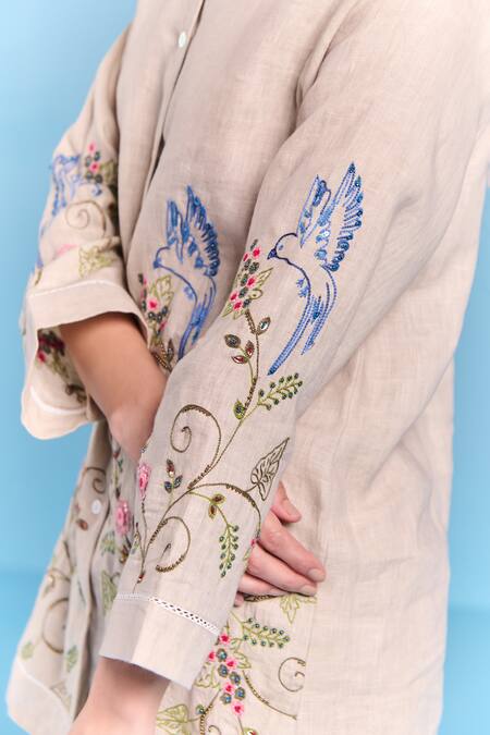 Shop_Kalista_Gray Cotton, Linen Embroidery Collared Lyra Shirt _Online_at_Aza_Fashions