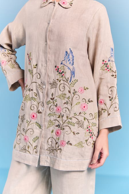 Kalista_Gray Cotton, Linen Embroidery Collared Lyra Shirt _at_Aza_Fashions
