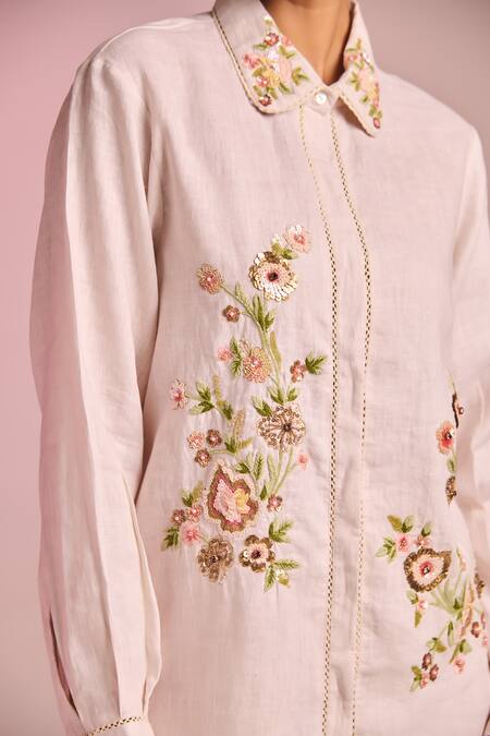 Shop_Kalista_Off White Cotton, Linen Embroidery Collared Lisa Shirt _Online_at_Aza_Fashions