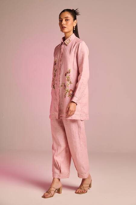 Kalista_Blush Cotton, Linen Embroidery Collared Lisa Shirt _Online_at_Aza_Fashions