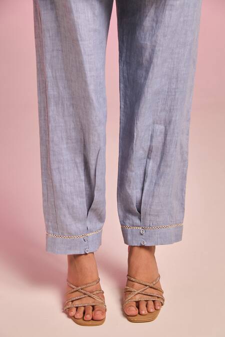 Kalista_Blue Cotton, Linen Embroidery Collared Lisa Shirt _Online_at_Aza_Fashions