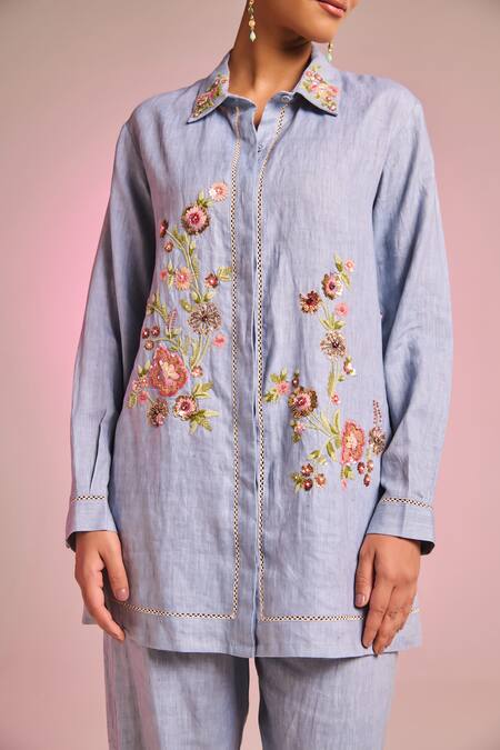 Buy_Kalista_Blue Cotton, Linen Embroidery Collared Lisa Shirt _Online_at_Aza_Fashions