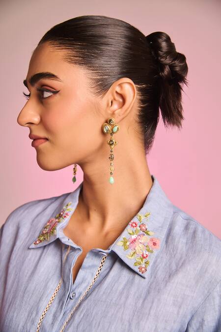 Shop_Kalista_Blue Cotton, Linen Embroidery Collared Lisa Shirt _Online_at_Aza_Fashions