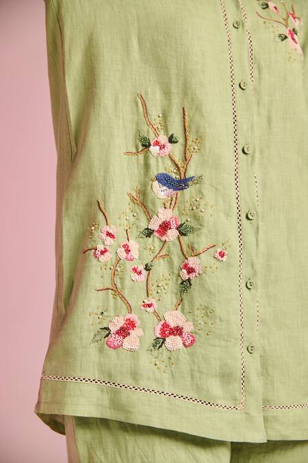 Kalista_Mint Cotton Embroidery Collared Olivia Shirt _Online_at_Aza_Fashions