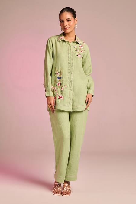 Buy_Kalista_Mint Cotton Embroidery Collared Olivia Shirt _Online_at_Aza_Fashions