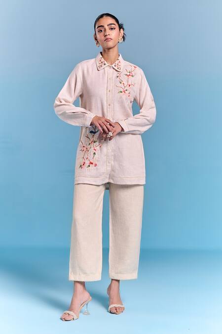 Kalista_Off White Cotton, Linen Embroidery Collared Olivia Shirt _Online_at_Aza_Fashions