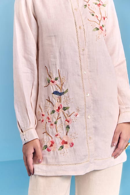Buy_Kalista_Off White Cotton, Linen Embroidery Collared Olivia Shirt _Online_at_Aza_Fashions