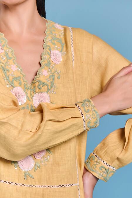 Kalista_Yellow Cotton, Linen Embroidery Split V-neck Nora Tunic _at_Aza_Fashions