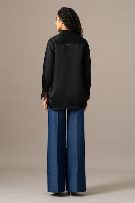 Shop Namrata Joshipura Black Modal, Linen Embroidery Collared Rosette Full Sleeve Shirt at Aza Fashions Shop_Namrata Joshipura_Black Modal, Linen Embroidery Collared Rosette Full Sleeve Shirt _at_Aza_Fashions