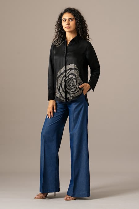 Namrata Joshipura Black Modal, Linen Embroidery Collared Rosette Full Sleeve Shirt Online at Aza Fashions Namrata Joshipura_Black Modal, Linen Embroidery Collared Rosette Full Sleeve Shirt _Online_at_Aza_Fashions