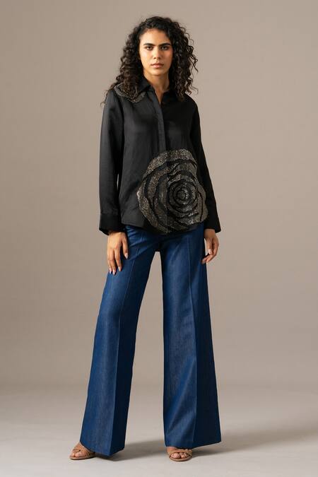 Buy Namrata Joshipura Black Modal, Linen Embroidery Collared Rosette Full Sleeve Shirt Online at Aza Fashions Buy_Namrata Joshipura_Black Modal, Linen Embroidery Collared Rosette Full Sleeve Shirt _Online_at_Aza_Fashions